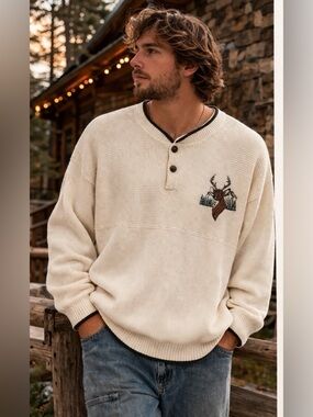 Vintage Cedar Falls Deer Embroidered Henley Sweater XL Cream Textured Outdoors